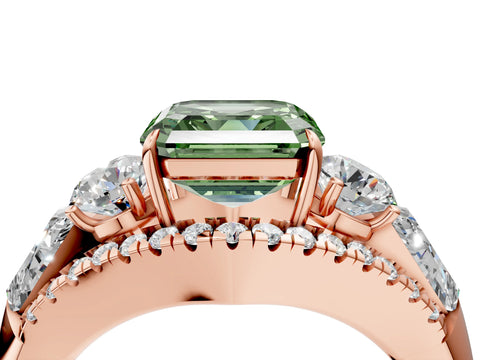 Rose gold Three-Stone Fancy Green Asscher Cut Diamond Engagement Ring with Pave Band and Prong Setting_4