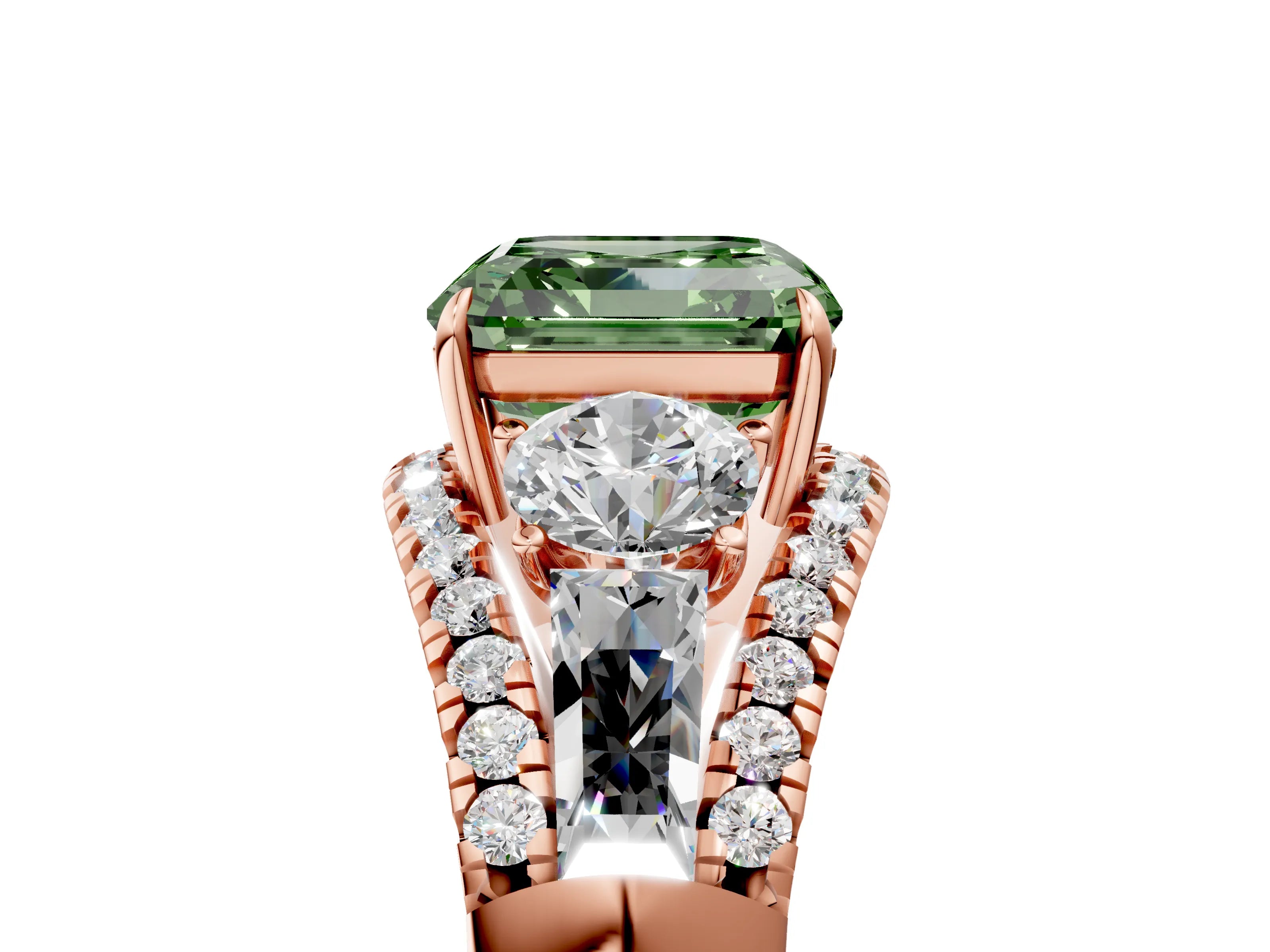 Rose gold Three-Stone Fancy Green Asscher Cut Diamond Engagement Ring with Pave Band and Prong Setting_5