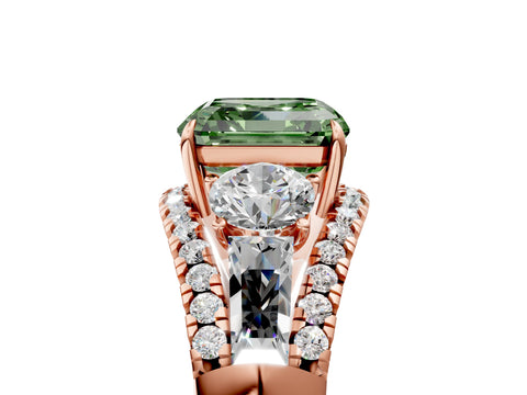Rose gold Three-Stone Fancy Green Asscher Cut Diamond Engagement Ring with Pave Band and Prong Setting_5
