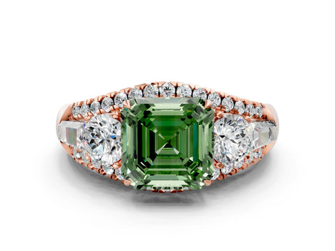 Rose gold Three-Stone Fancy Green Asscher Cut Diamond Engagement Ring with Pave Band and Prong Setting