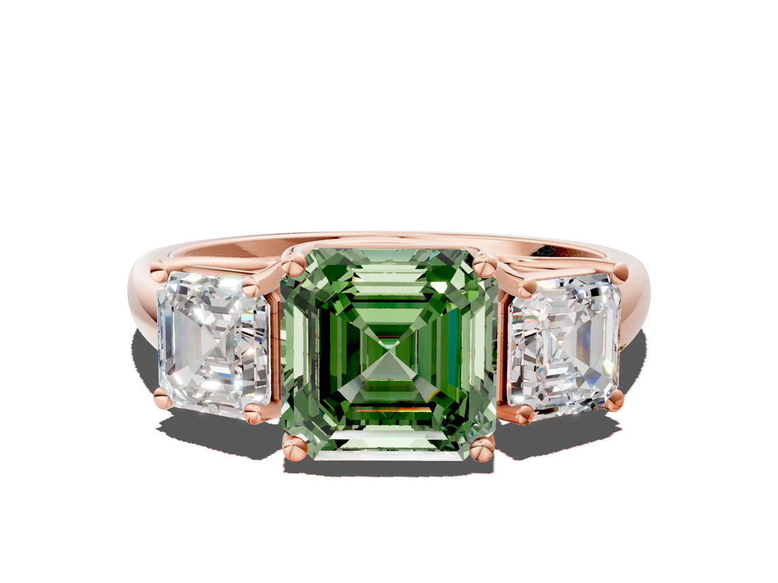 Rose gold Three-Stone Fancy Green Asscher Cut Diamond Engagement Ring with Prong Setting_3