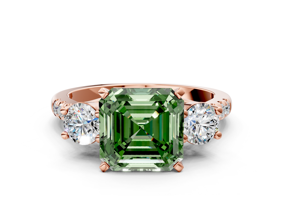 Rose gold Three-Stone Fancy Green Asscher  Cut Diamond Pavé Band with Four-Prong Setting