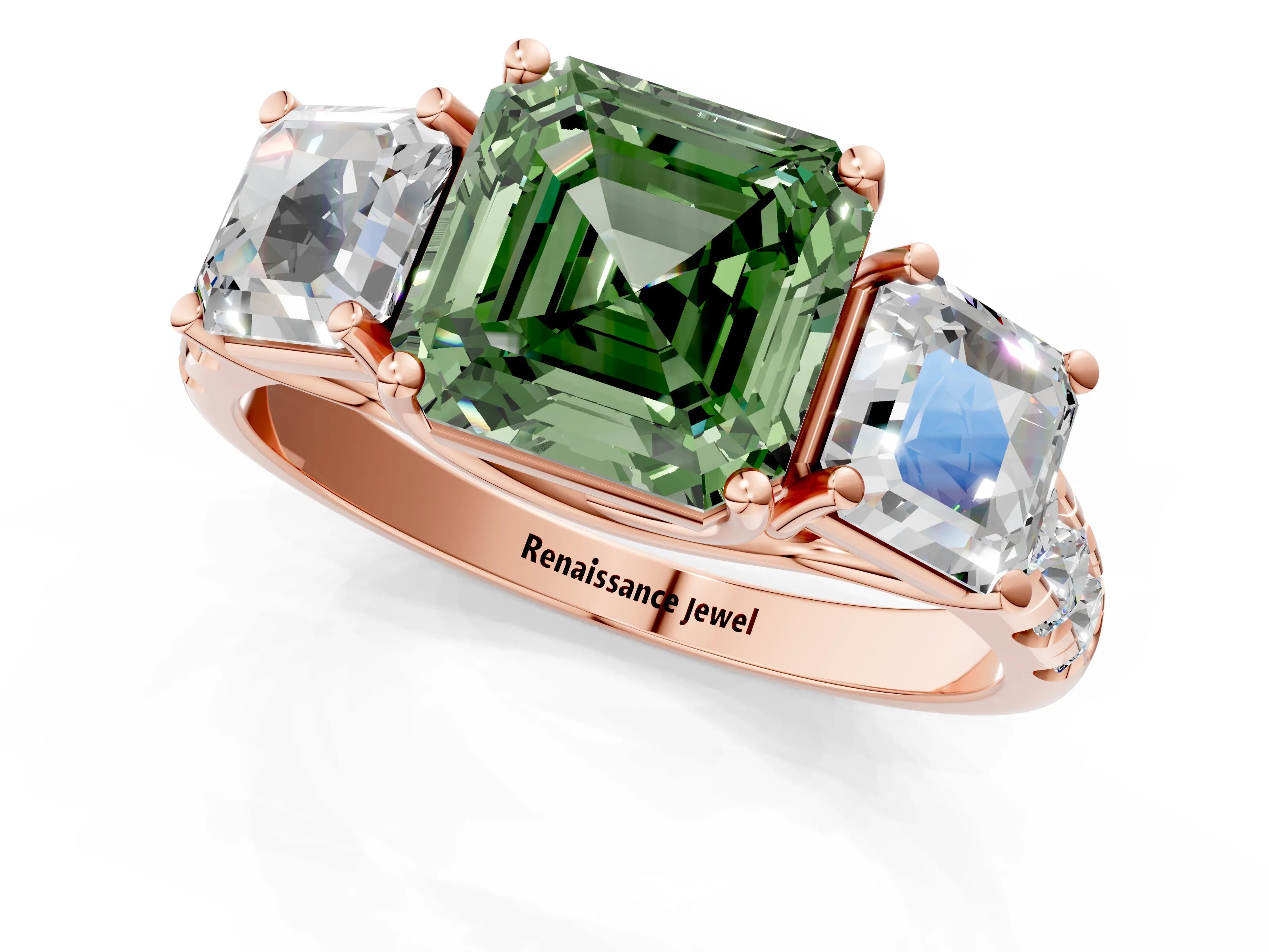 Rose gold Three-Stone Fancy Green Asscher Cut Diamond Pavé Band with Prong Setting_1
