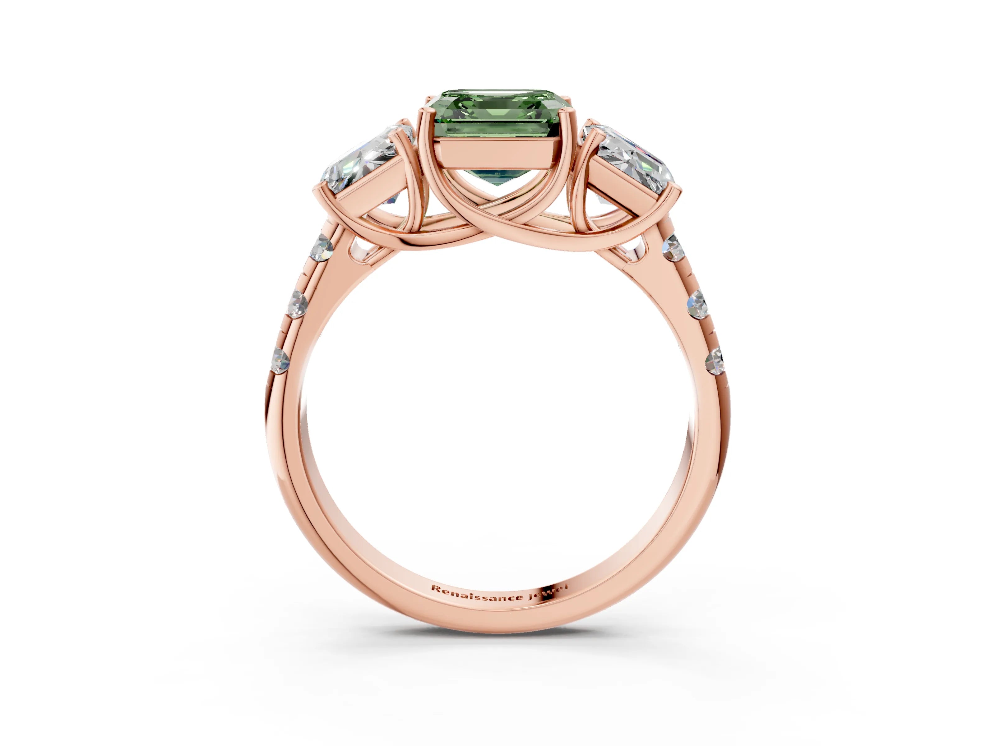 Rose gold Three-Stone Fancy Green Asscher Cut Diamond Pavé Band with Prong Setting_3