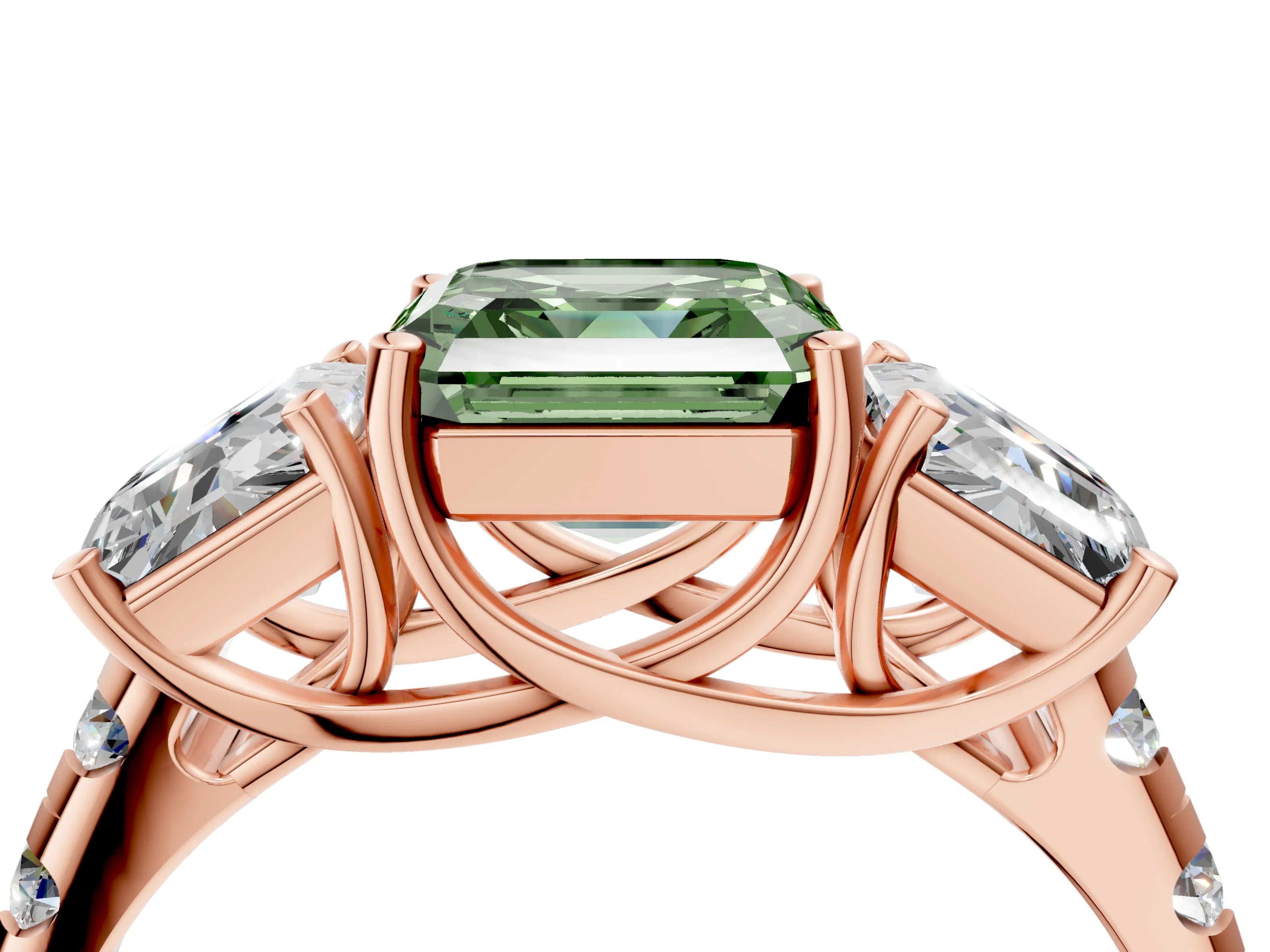 Rose gold Three-Stone Fancy Green Asscher Cut Diamond Pavé Band with Prong Setting_4