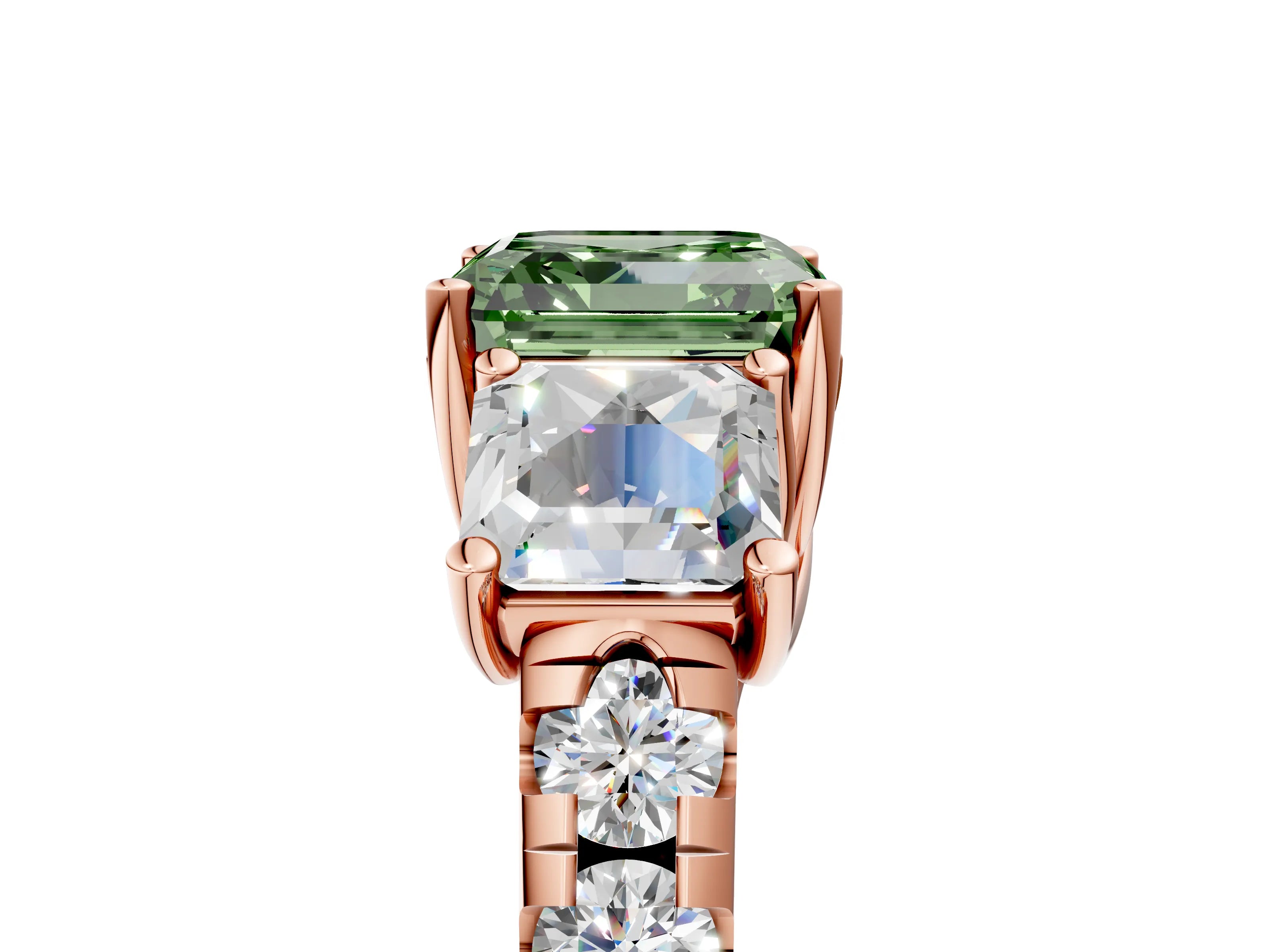 Rose gold Three-Stone Fancy Green Asscher Cut Diamond Pavé Band with Prong Setting_5