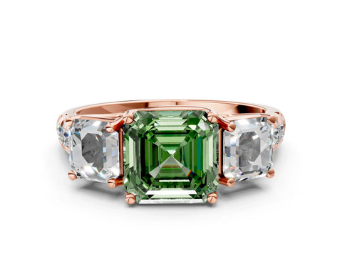 Rose gold Three-Stone Fancy Green Asscher Cut Diamond Pavé Band with Prong Setting