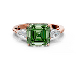 Rose gold Three-Stone Fancy Green Asscher  Cut Diamond Ring with Pear Side Stones in Four-Prong Setting
