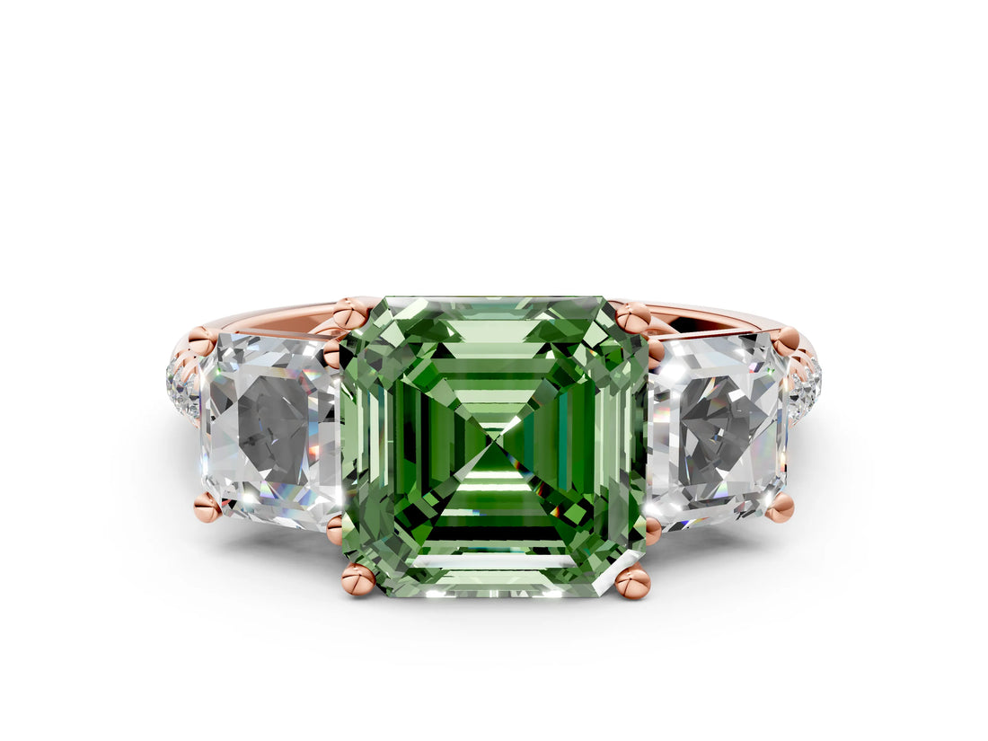 Rose gold Three-Stone Fancy Green Asscher Cut Diamond Ring with Round  Pavé Band and Prong Setting_12
