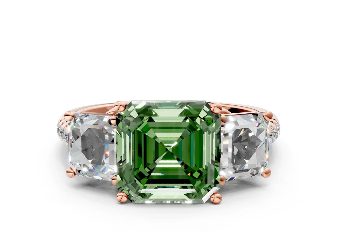 Rose gold Three-Stone Fancy Green Asscher Cut Diamond Ring with Round  Pavé Band and Prong Setting_82