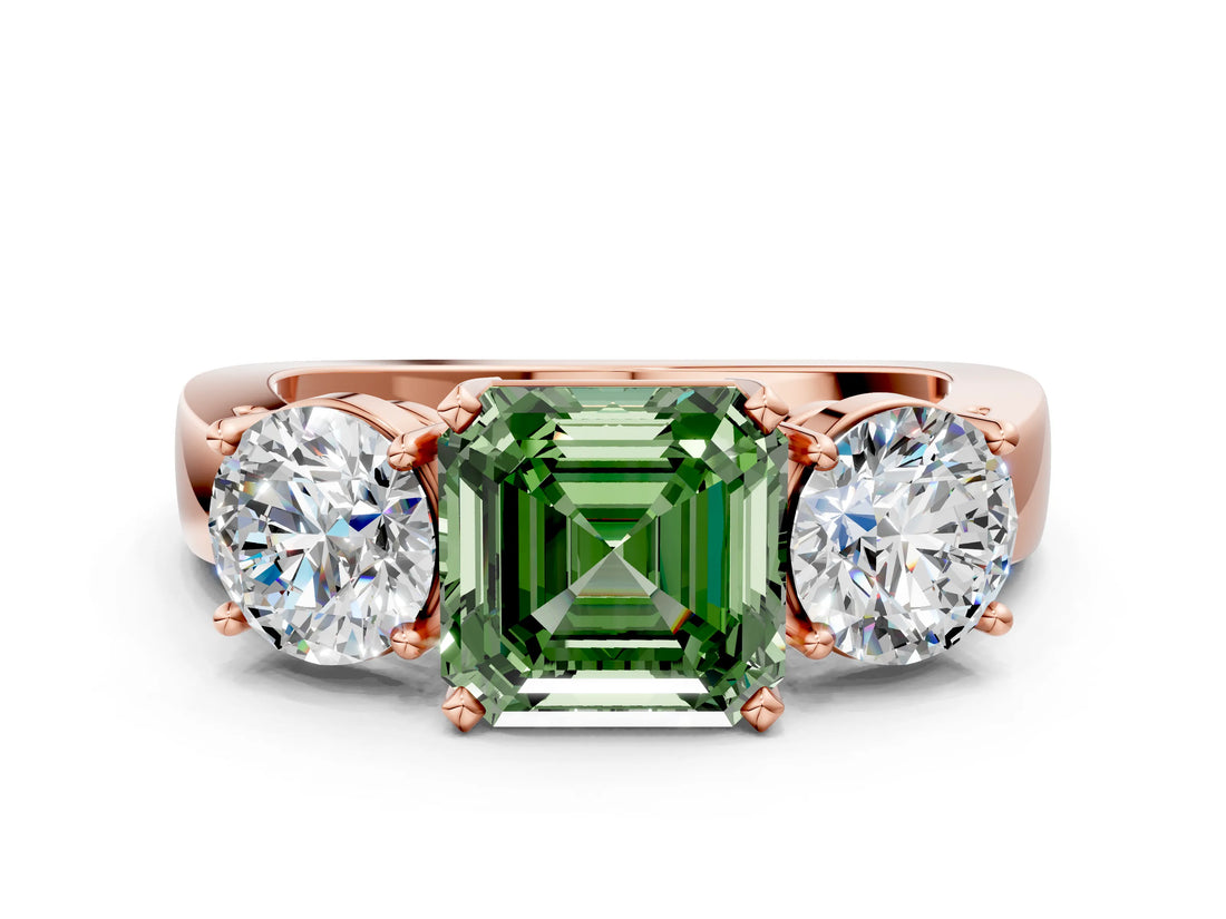 Rose gold Three-Stone Fancy Green Asscher Cut Diamond Ring with Round Side Stones, Classic Band, and Four-Prong Setting