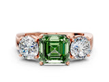 Rose gold Three-Stone Fancy Green Asscher Cut Diamond Ring with Round Side Stones, Classic Band, and Four-Prong Setting