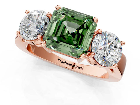Rose gold Three-Stone Fancy Green Asscher Cut Diamond Ring with Round Side Stones, Classic Band, and Four-Prong Setting_1
