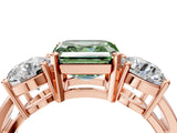 Rose gold Three-Stone Fancy Green Asscher Cut Diamond Ring with Round Side Stones, Classic Band, and Four-Prong Setting_4
