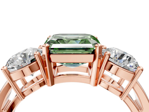 Rose gold Three-Stone Fancy Green Asscher Cut Diamond Ring with Round Side Stones, Classic Band, and Four-Prong Setting_4