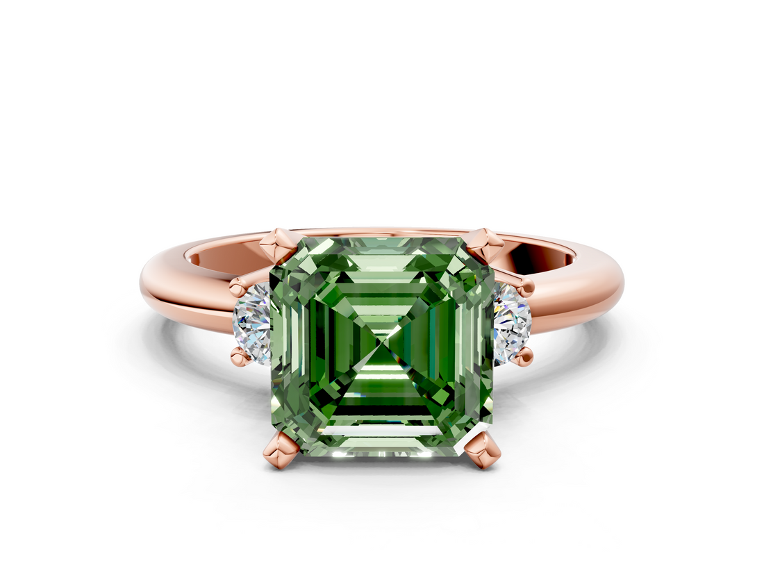 Rose gold Three-Stone Fancy Green Asscher  Cut Diamond Solitaire with Prong Setting and Classic Band