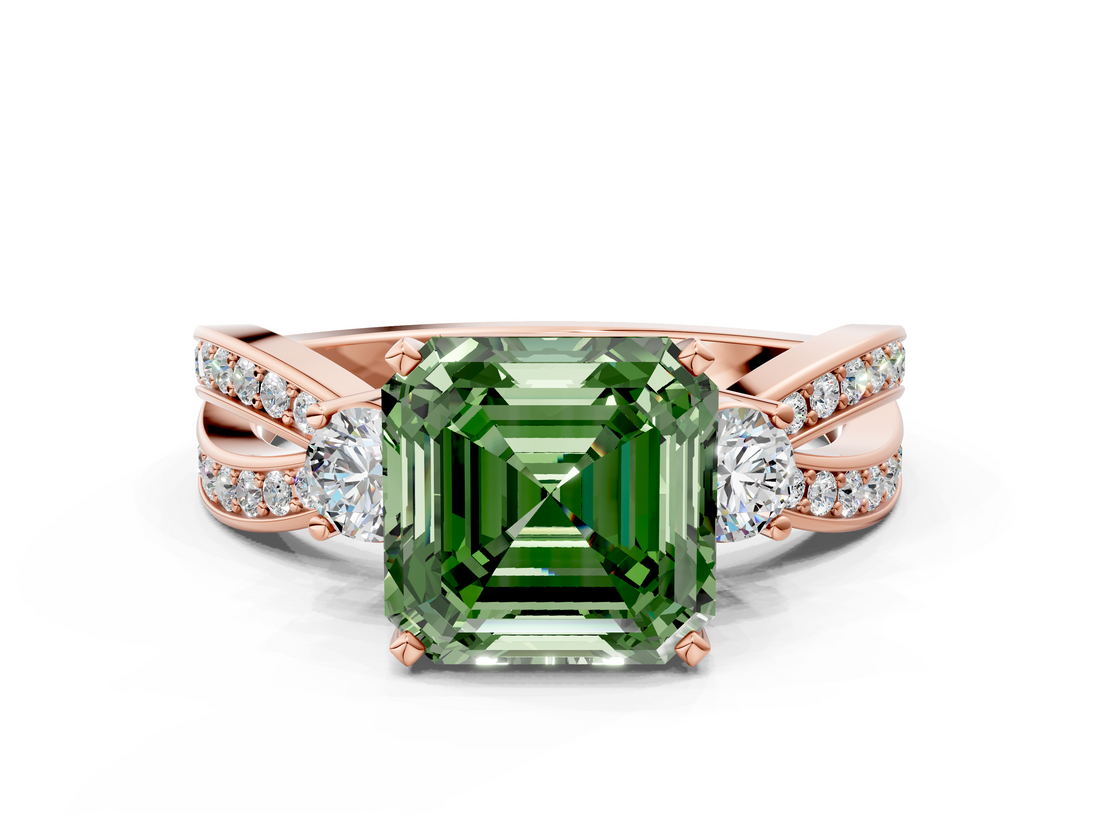 Rose gold Three-Stone Fancy Green Asscher  Cut Diamond Twist Band with Prong Setting_18