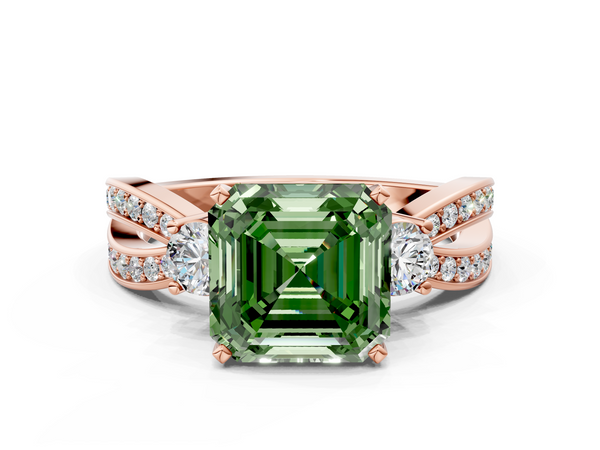 Rose Gold Asscher Cut Three Stone Twist Engagement Ring Setting for Fancy Green Center