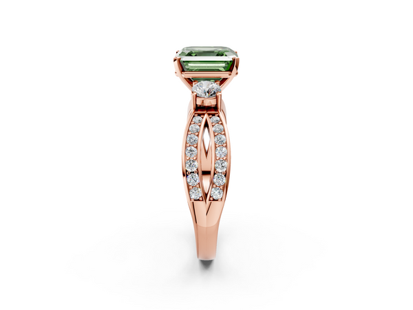Rose Gold Asscher Cut Three Stone Twist Engagement Ring Setting for Fancy Green Center