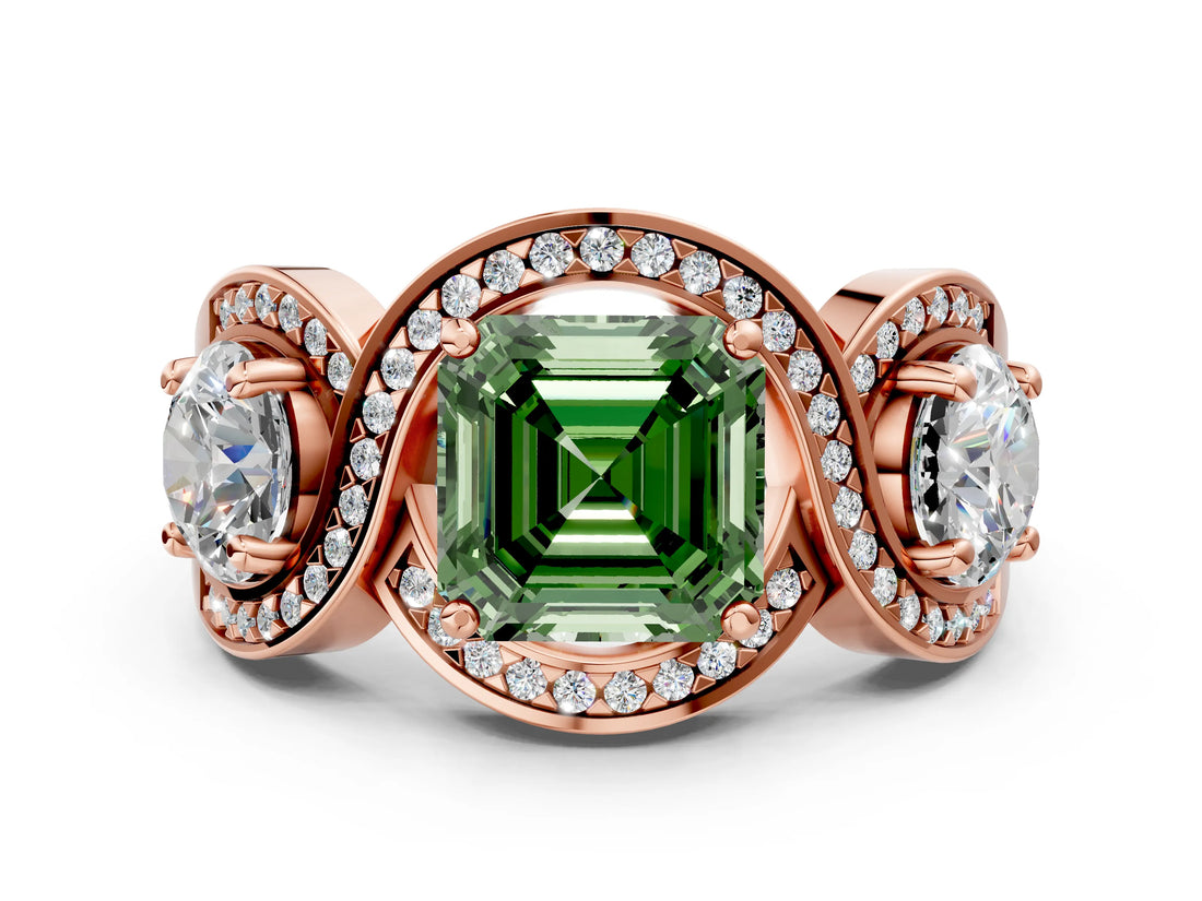 Rose gold Three-Stone Fancy Green Asscher Cut Diamond Wave Pave Band with Prong Setting