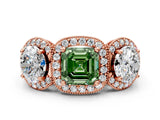 Rose gold Three-Stone Fancy Green Asscher Cut Halo Diamond Milgrain Band with Four-Prong Setting