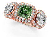 Rose gold Three-Stone Fancy Green Asscher Cut Halo Diamond Milgrain Band with Four-Prong Setting_1