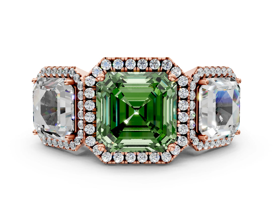 Rose gold Three-Stone Fancy Green Asscher Cut Halo Diamond Ring with Pave Band and Four-Prong Setting