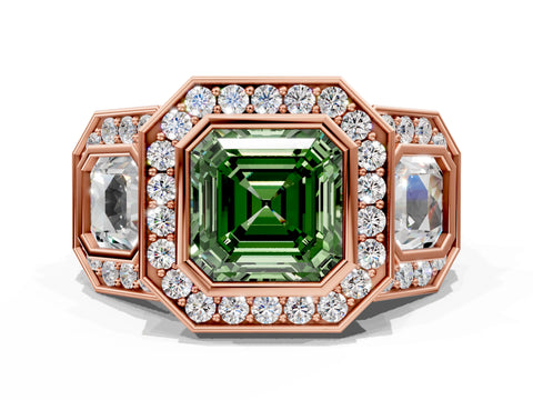 Rose gold Three-Stone Fancy Green Asscher Cut Halo Pavé Diamond Ring_12