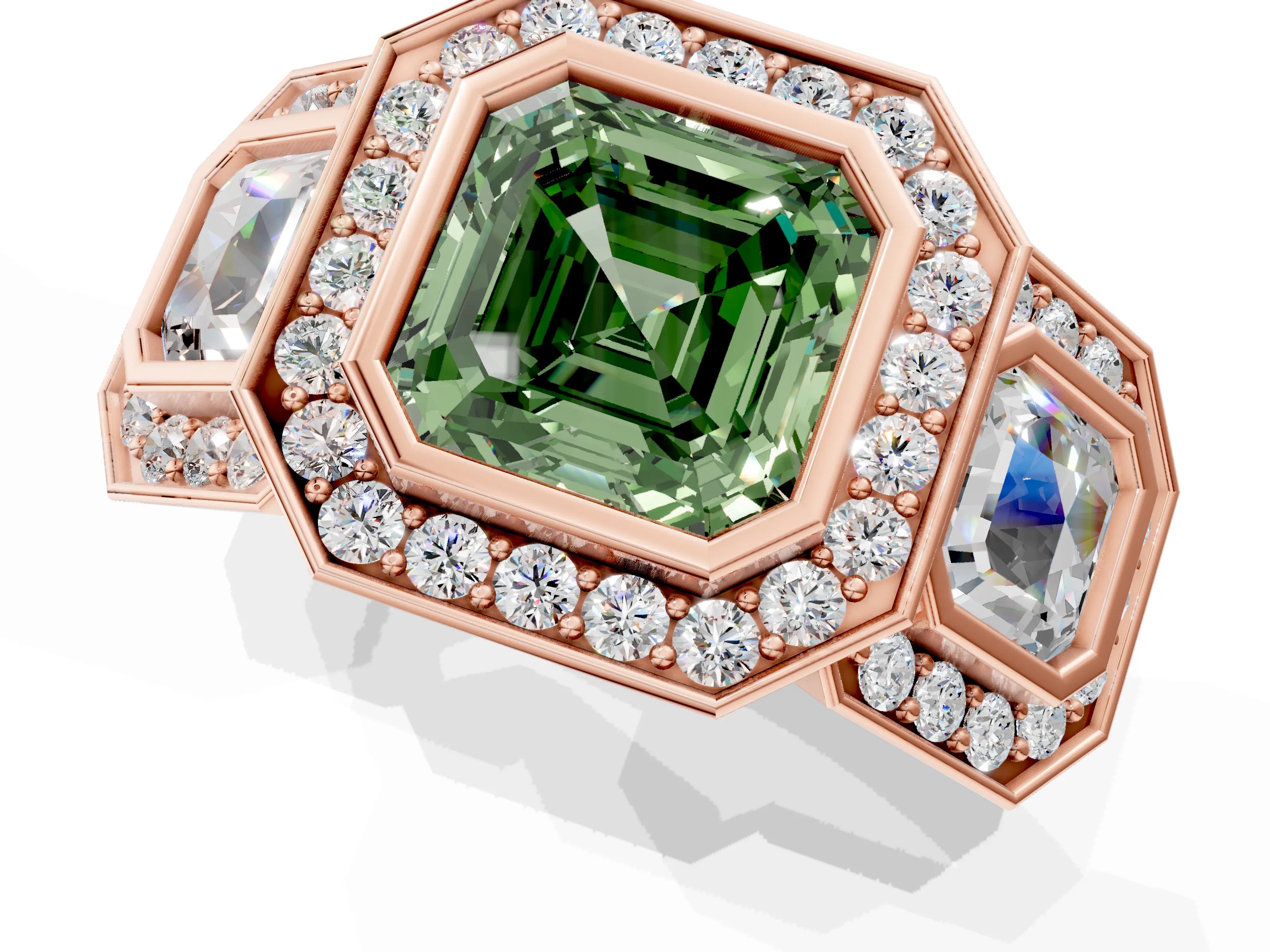 Rose gold Three-Stone Fancy Green Asscher Cut Halo Pavé Diamond Ring_13