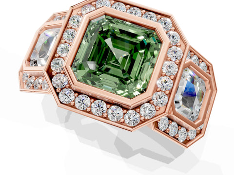 Rose gold Three-Stone Fancy Green Asscher Cut Halo Pavé Diamond Ring_13