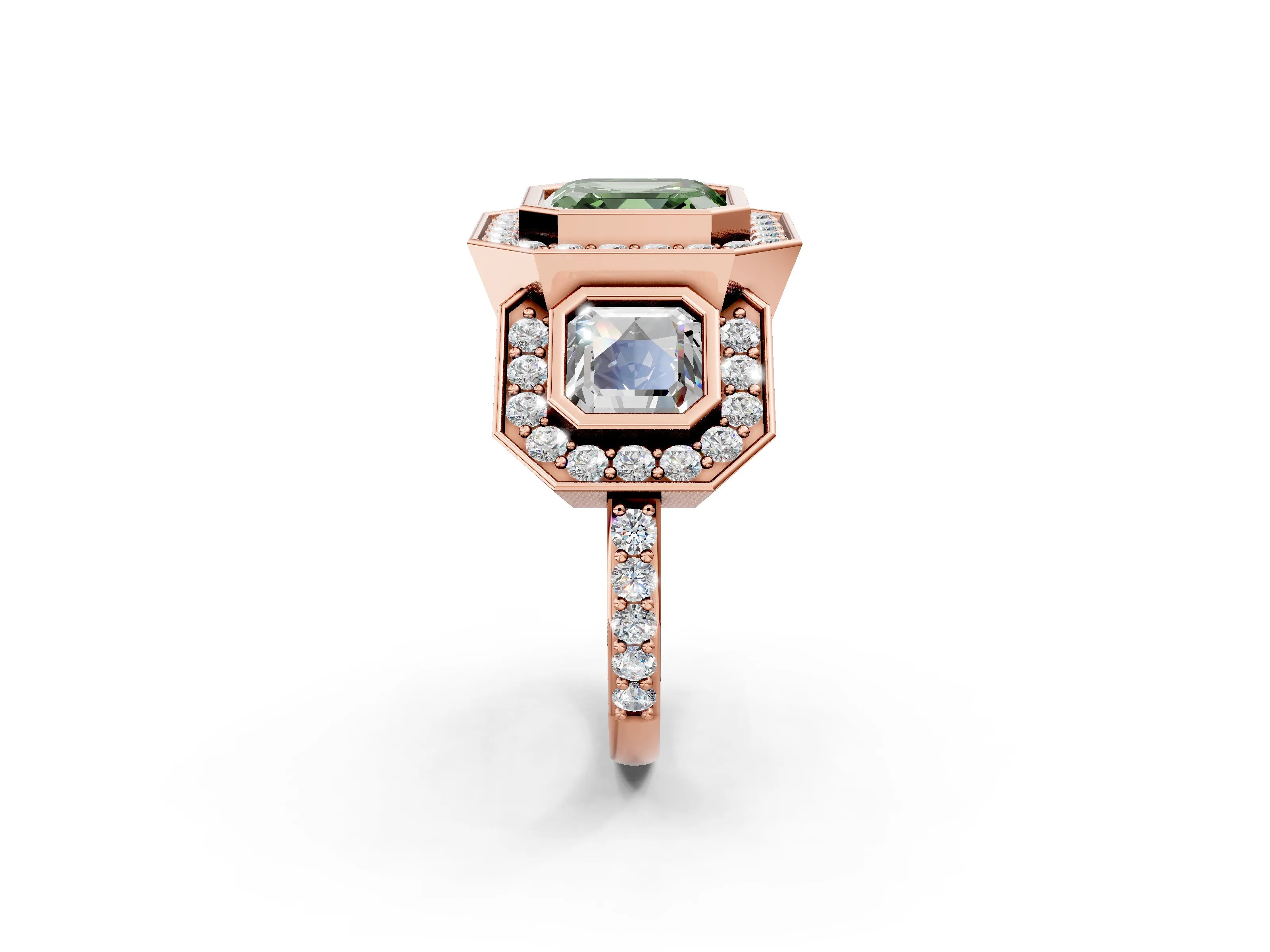 Rose gold Three-Stone Fancy Green Asscher Cut Halo Pavé Diamond Ring_14