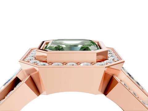Rose gold Three-Stone Fancy Green Asscher Cut Halo Pavé Diamond Ring_16