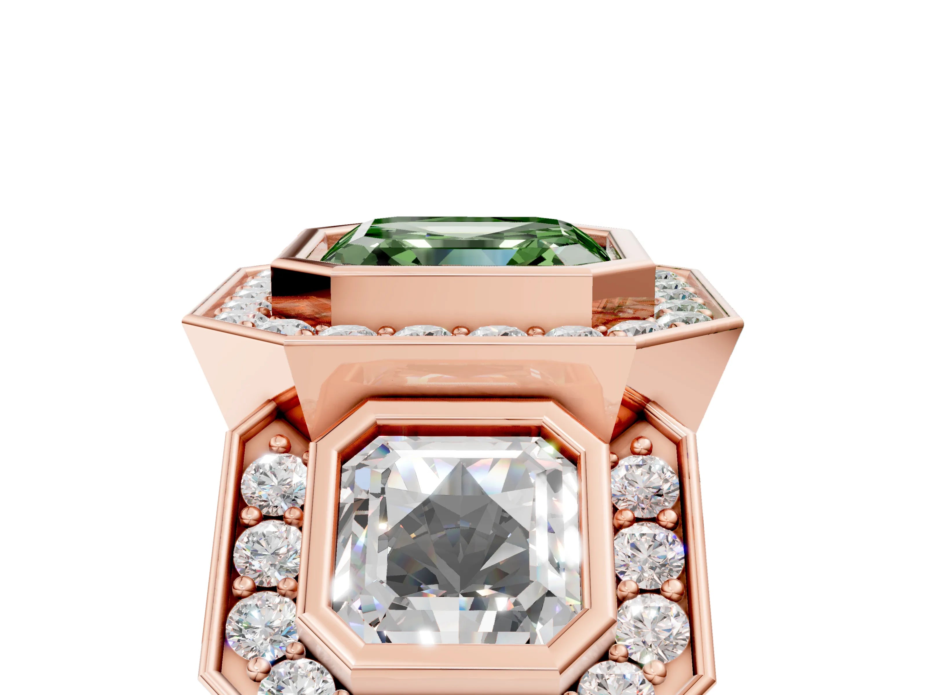 Rose gold Three-Stone Fancy Green Asscher Cut Halo Pavé Diamond Ring_17