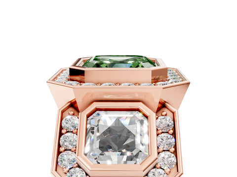 Rose gold Three-Stone Fancy Green Asscher Cut Halo Pavé Diamond Ring_17