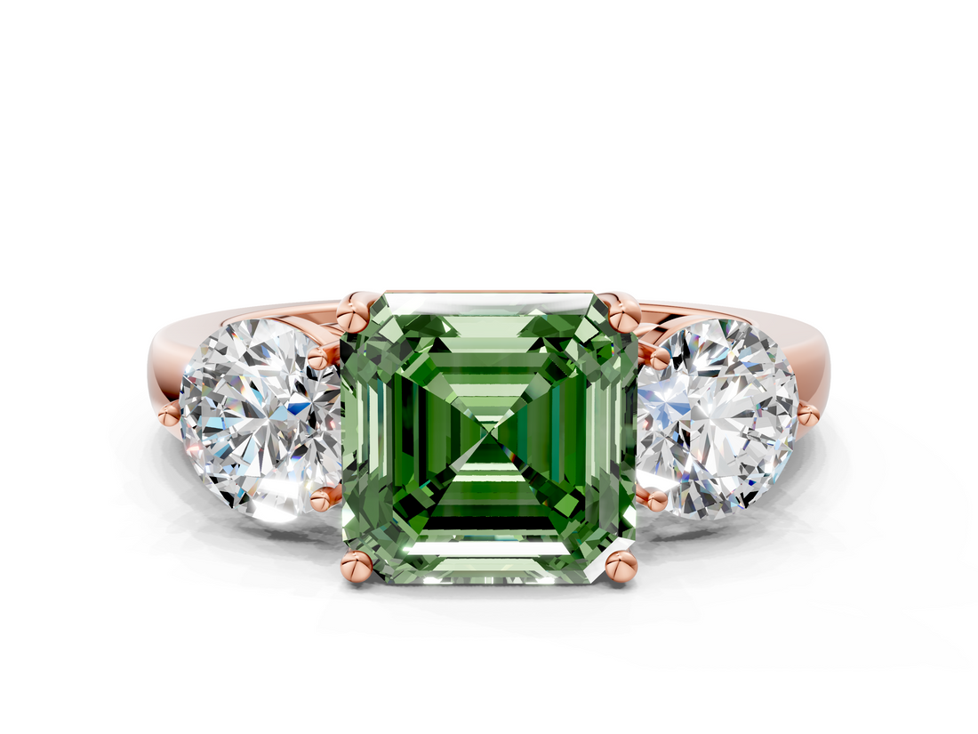 Rose gold Three-Stone Fancy Green Asscher  Cut Solitaire Ring with Prong Setting on a Classic Band_33