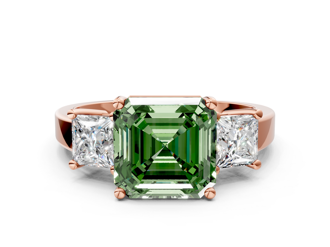 Rose gold Three-Stone Fancy Green Asscher  Cut Solitaire Ring with Prong Setting_3
