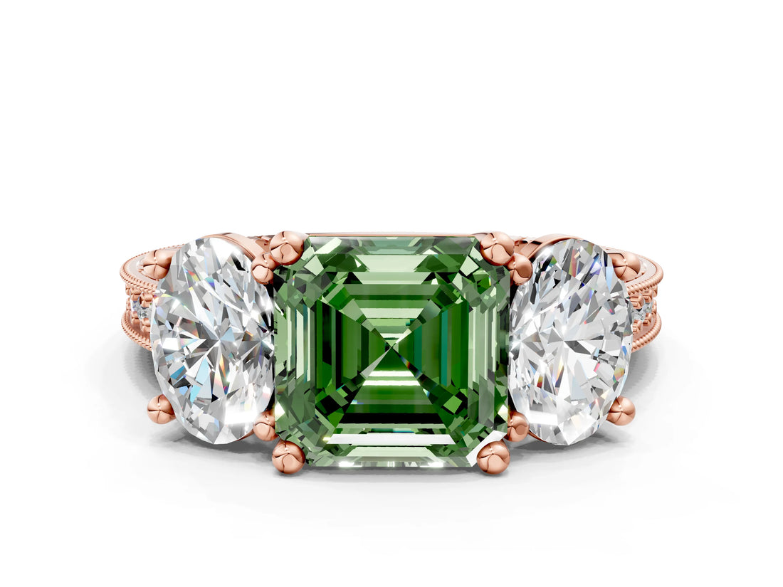Rose gold Three-Stone Fancy Green Asscher  Diamond Milgrain Pave Band with Prong Setting 1