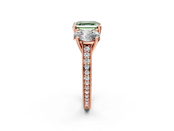 Rose Gold Asscher Cut Three-Stone Engagement Ring Setting for Fancy Green Center with Pave Band