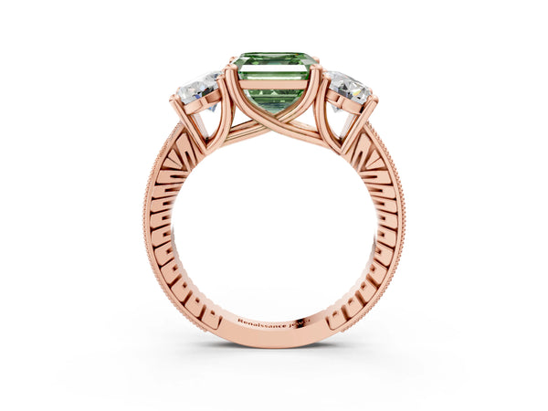 Rose Gold Asscher Cut Three-Stone Engagement Ring Setting for Fancy Green Center with Pave Band