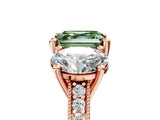 Rose gold Three-Stone Fancy Green Asscher  Diamond Milgrain Pave Band with Prong Setting