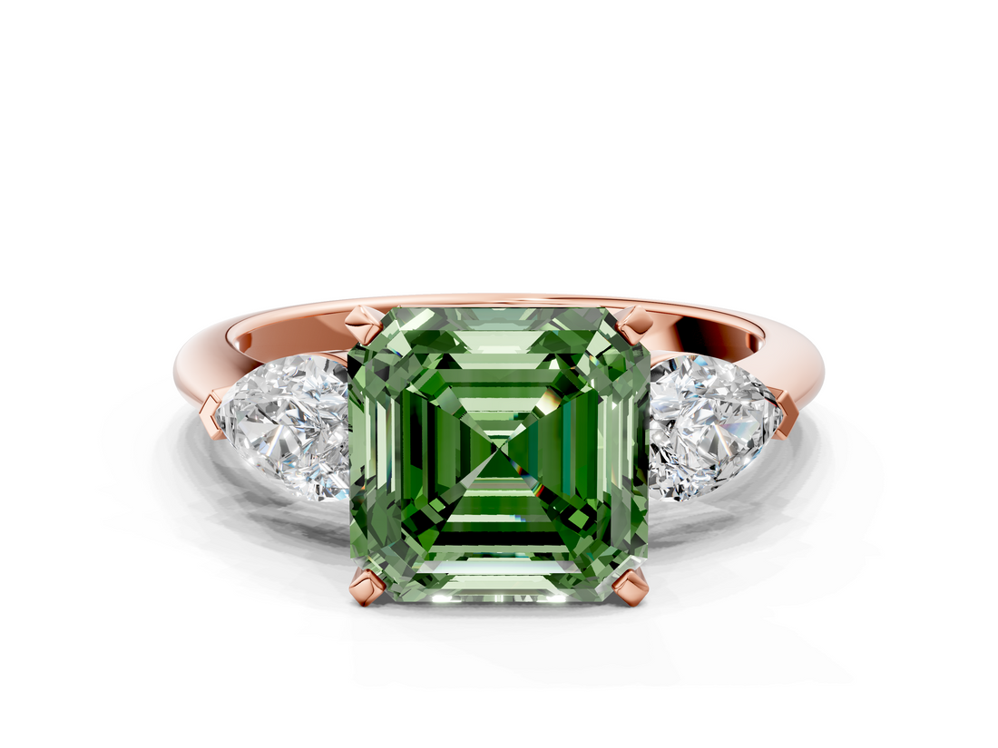 Rose gold Three-Stone Fancy Green Asscher  Diamond Ring with Pear Side Stones in Four-Prong Setting_17