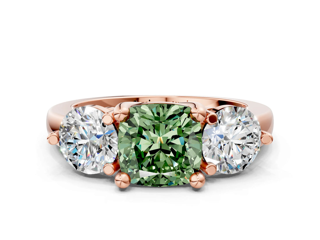 Rose gold Three-Stone Fancy Green Cushion  Brilliant Cut Solitaire Ring with Prong Setting on a Classic Band
