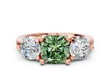 Rose gold Three-Stone Fancy Green Cushion  Brilliant Cut Solitaire Ring with Prong Setting on a Classic Band