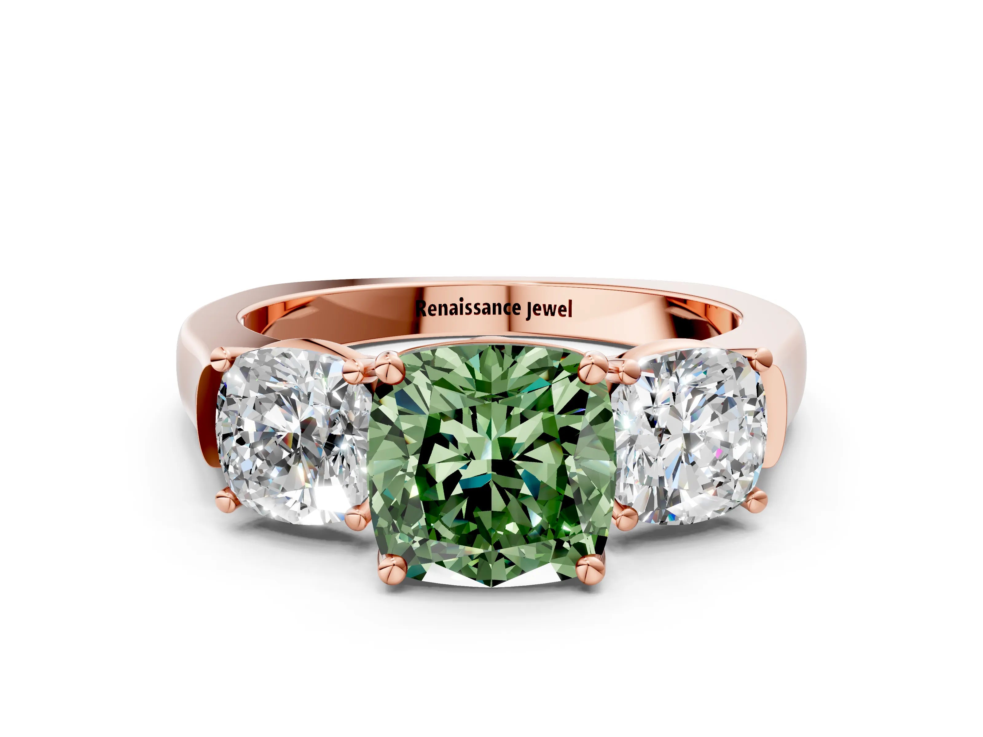 Rose gold Three-Stone Fancy Green Cushion Cut Brilliant Diamond Trellis Ring with Comfort Fit Band