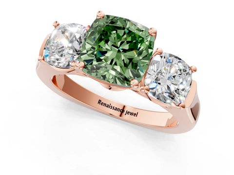Rose gold Three-Stone Fancy Green Cushion Cut Brilliant Diamond Trellis Ring with Comfort Fit Band_1