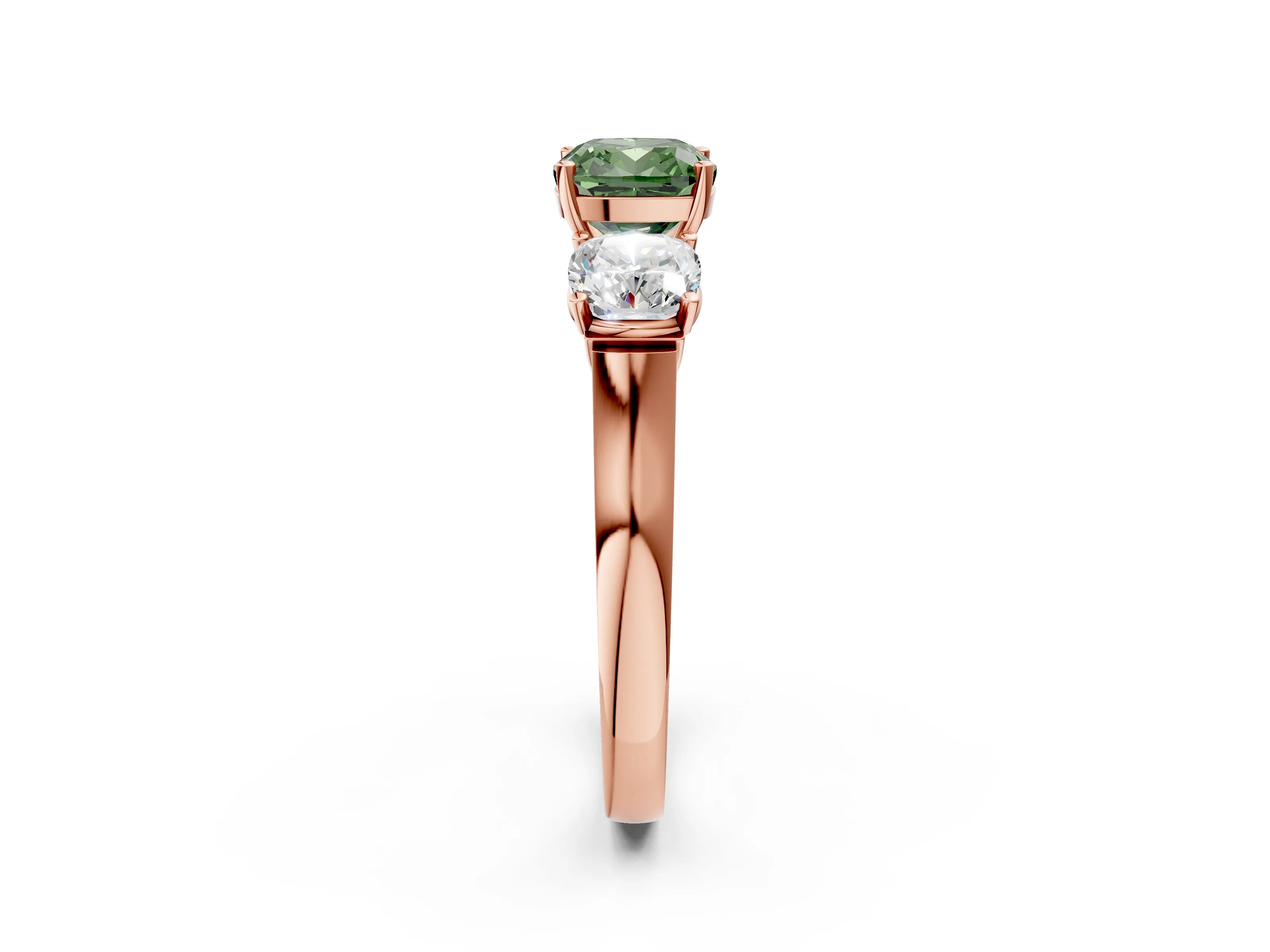 Rose gold Three-Stone Fancy Green Cushion Cut Brilliant Diamond Trellis Ring with Comfort Fit Band_2