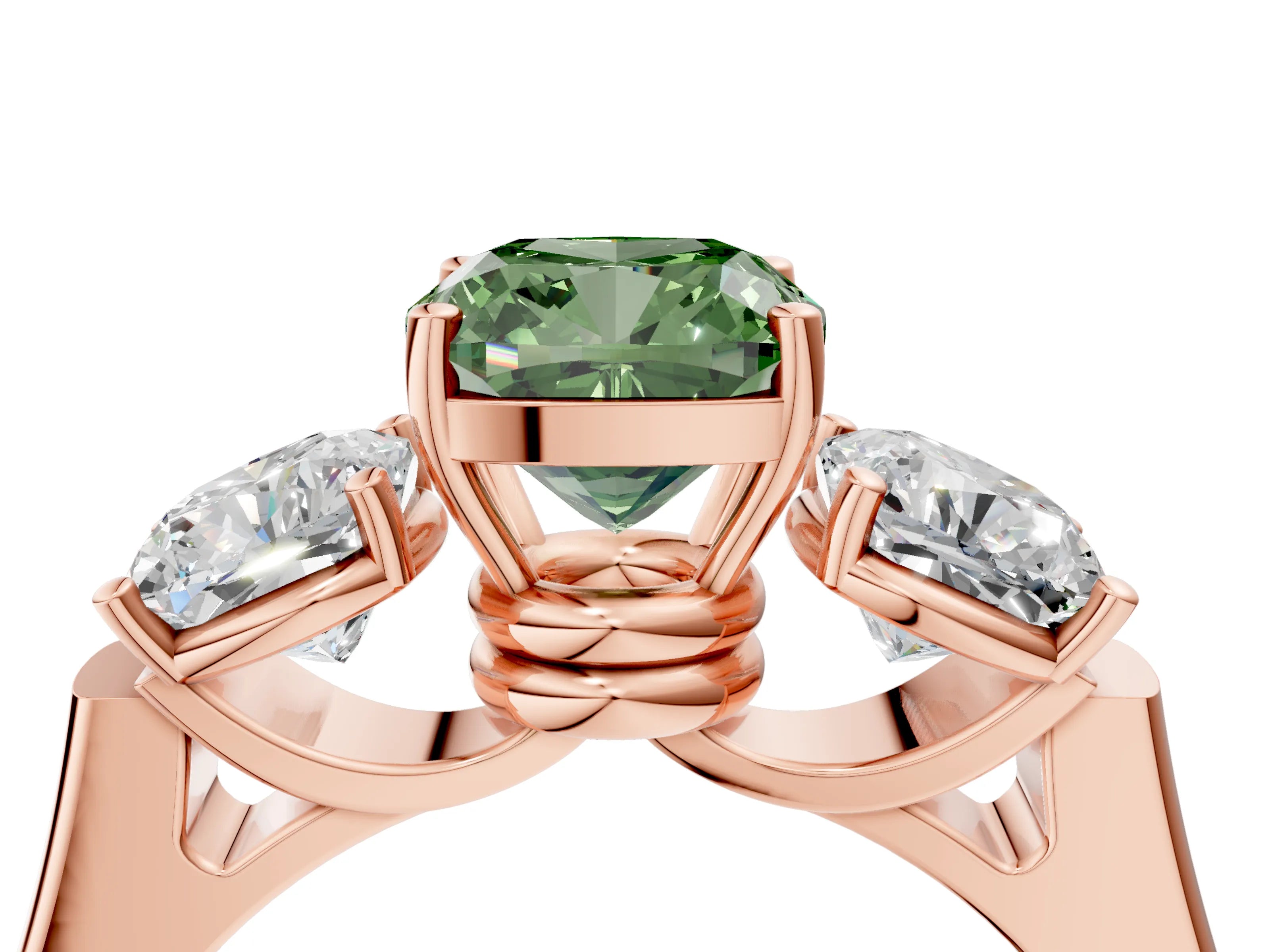 Rose gold Three-Stone Fancy Green Cushion Cut Brilliant Diamond Trellis Ring with Comfort Fit Band_4