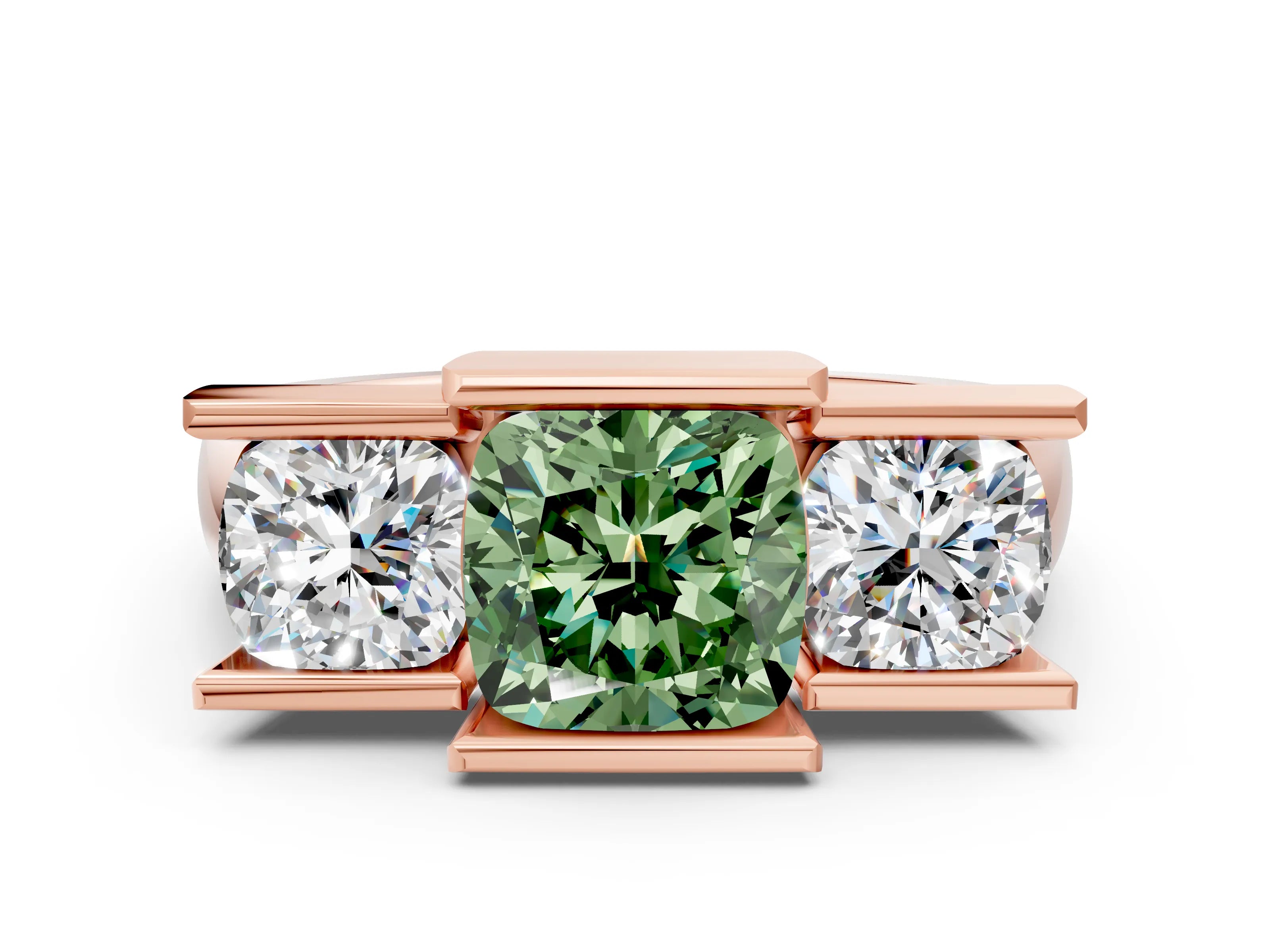 Rose gold Three Stone Fancy Green Cushion Cut Cut Channel Set Diamond Ring