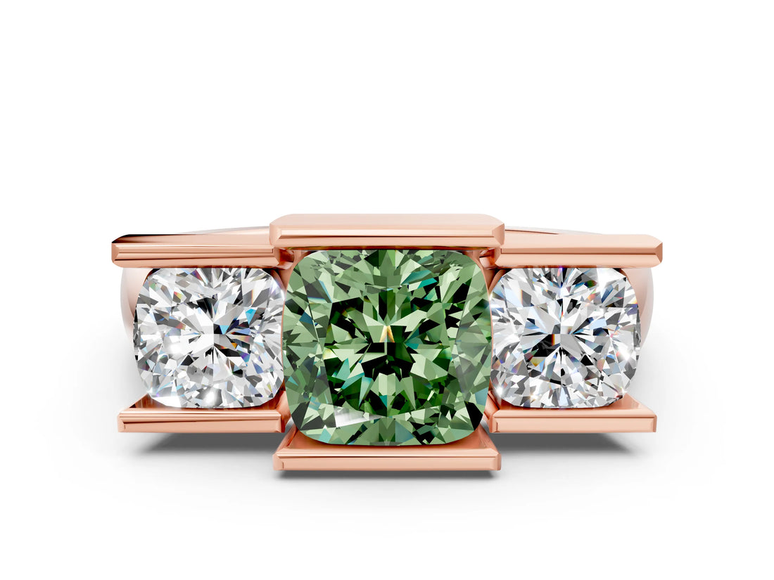 Rose gold Three Stone Fancy Green Cushion Cut Cut Channel Set Diamond Ring