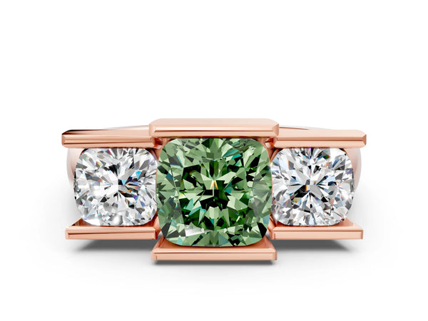 Rose Gold Cushion Cut Channel Set Three Stone Engagement Ring Setting for Fancy Green Center